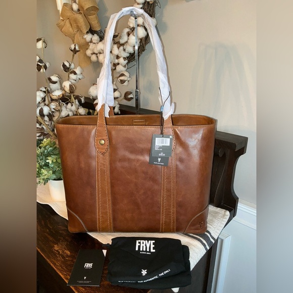NWT Frye Melissa Leather Shopper Tote Shoulder Bag Cognac Brown Retail$358